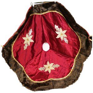 Valery Madelyn Christmas Tree Skirt Red Velvet Gold Sequin Fur Poinsettia Cabin
